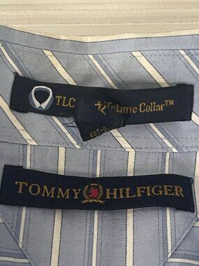 Tommy Hilfiger Men's Button Down Blue and White Striped Dress Shirt 17.5 34-35